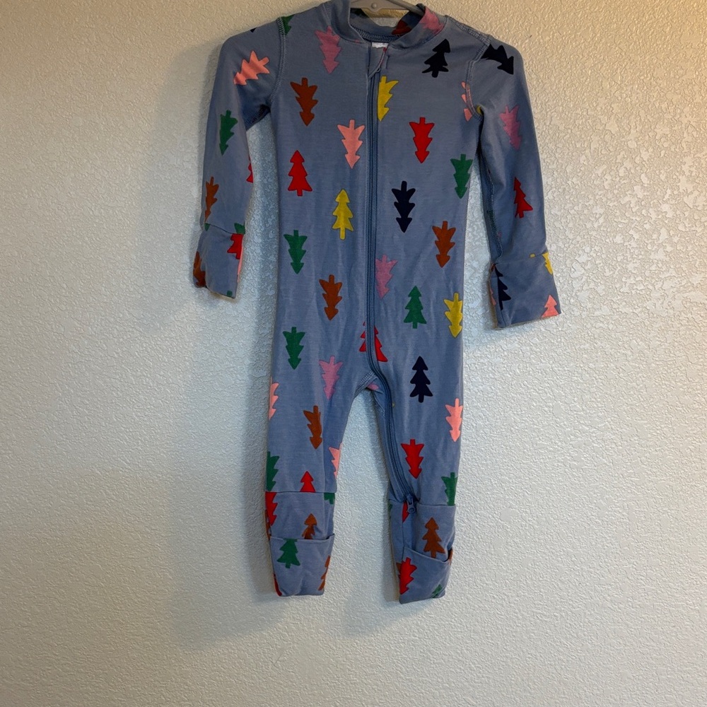 Hanna Andersson CHRISTMAS Blue Footie with Multicolor Tree Design